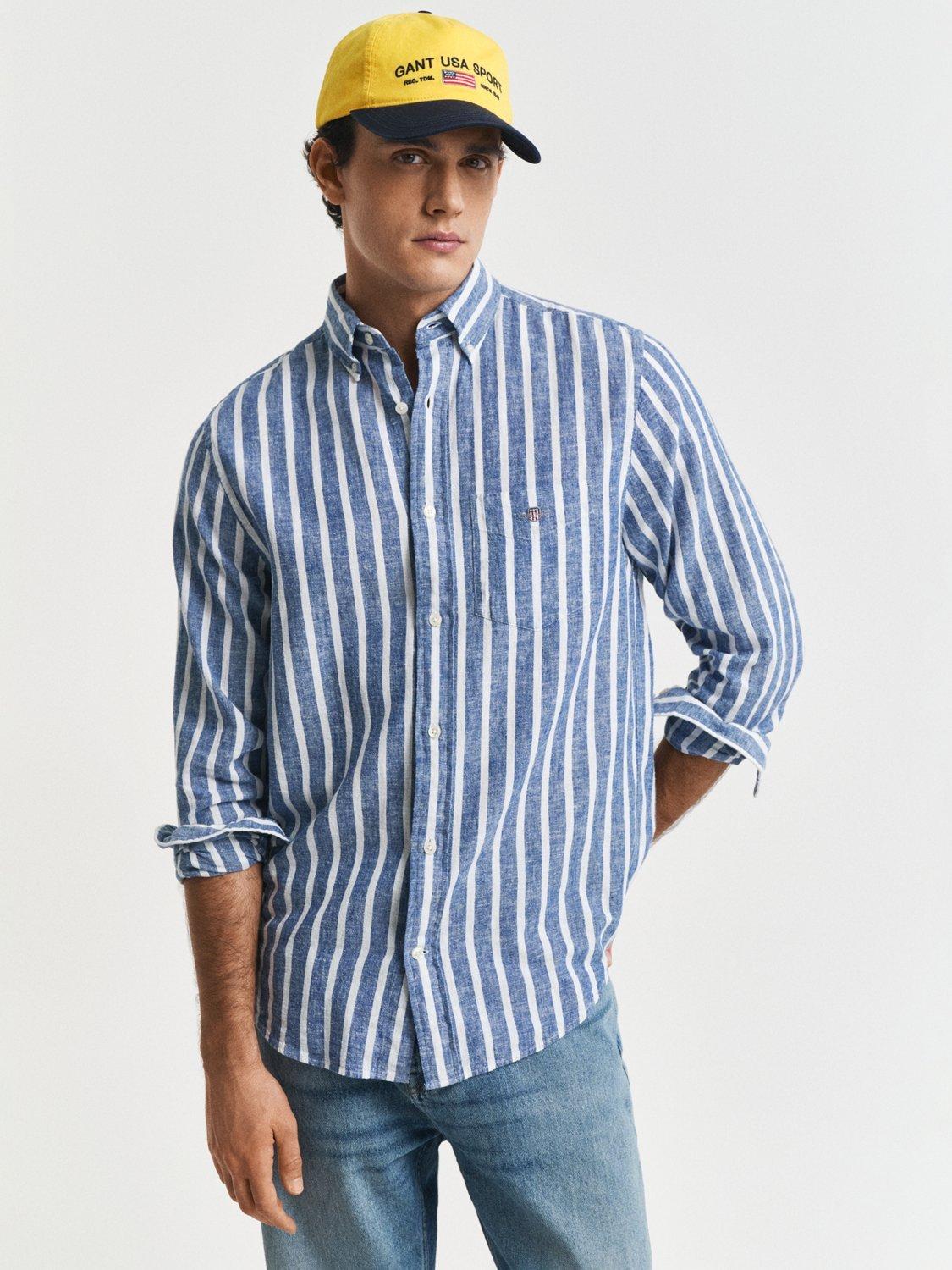 Product image 1 of 4, which shows GANT Linen Blend Regular Fit Stripe Shirt, Rich Blue, S