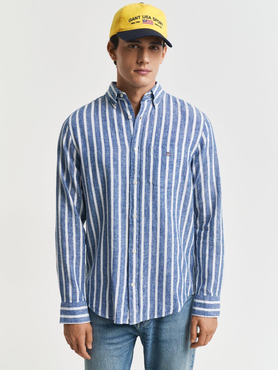 Product image 2 of 4, which shows GANT Linen Blend Regular Fit Stripe Shirt, Rich Blue, S
