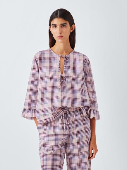 John Lewis Gingham Tie Front Pyjama Top, Pink/Lilac, Pink/Lilac