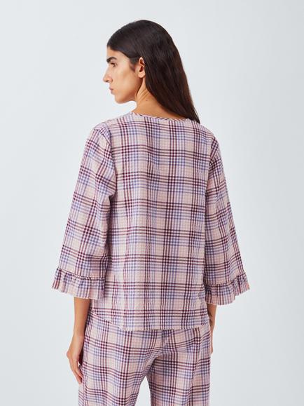 John Lewis Gingham Tie Front Pyjama Top, Pink/Lilac - view 2, Pink/Lilac