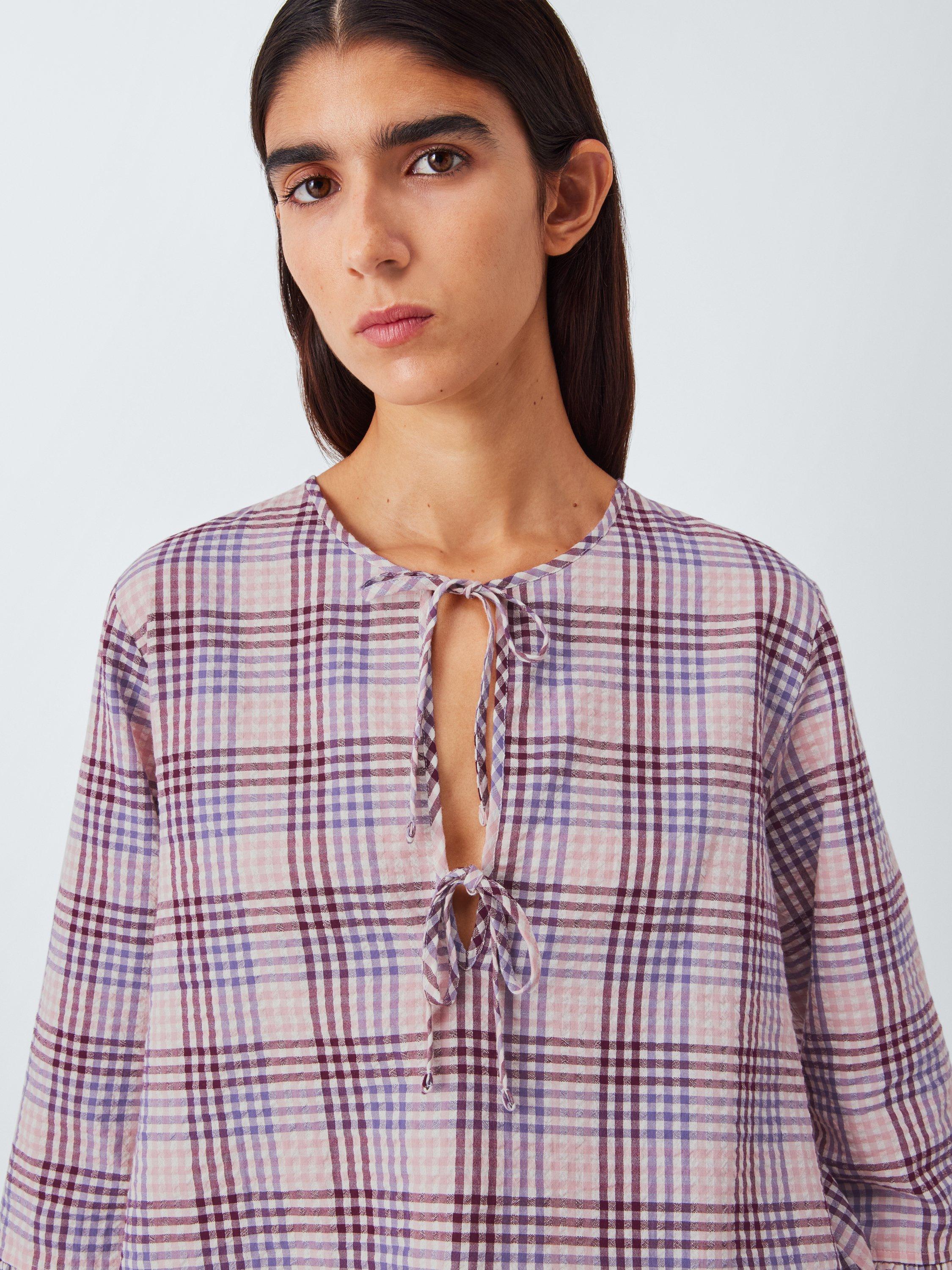 Product image 5 of 6, which shows John Lewis Gingham Tie Front Pyjama Top, Pink/Lilac, 8