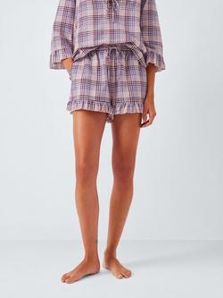 John Lewis Gingham Frill Pyjama Shorts, Pink/Lilac, Pink/Lilac