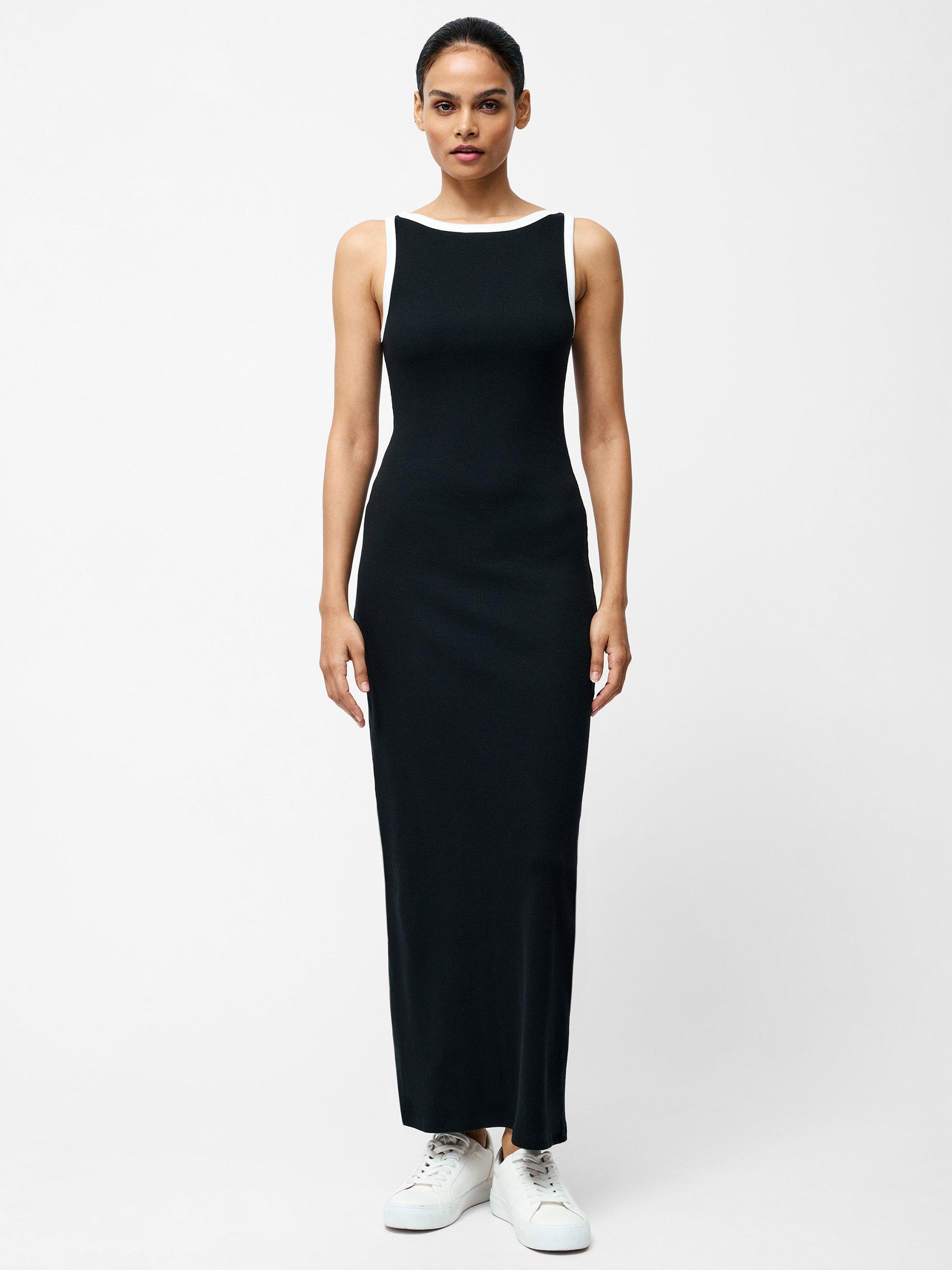 Product image 1 of 5, which shows French Connection Rasia Ribbed Binding Boat Neck Maxi Dress, Black/White, XS