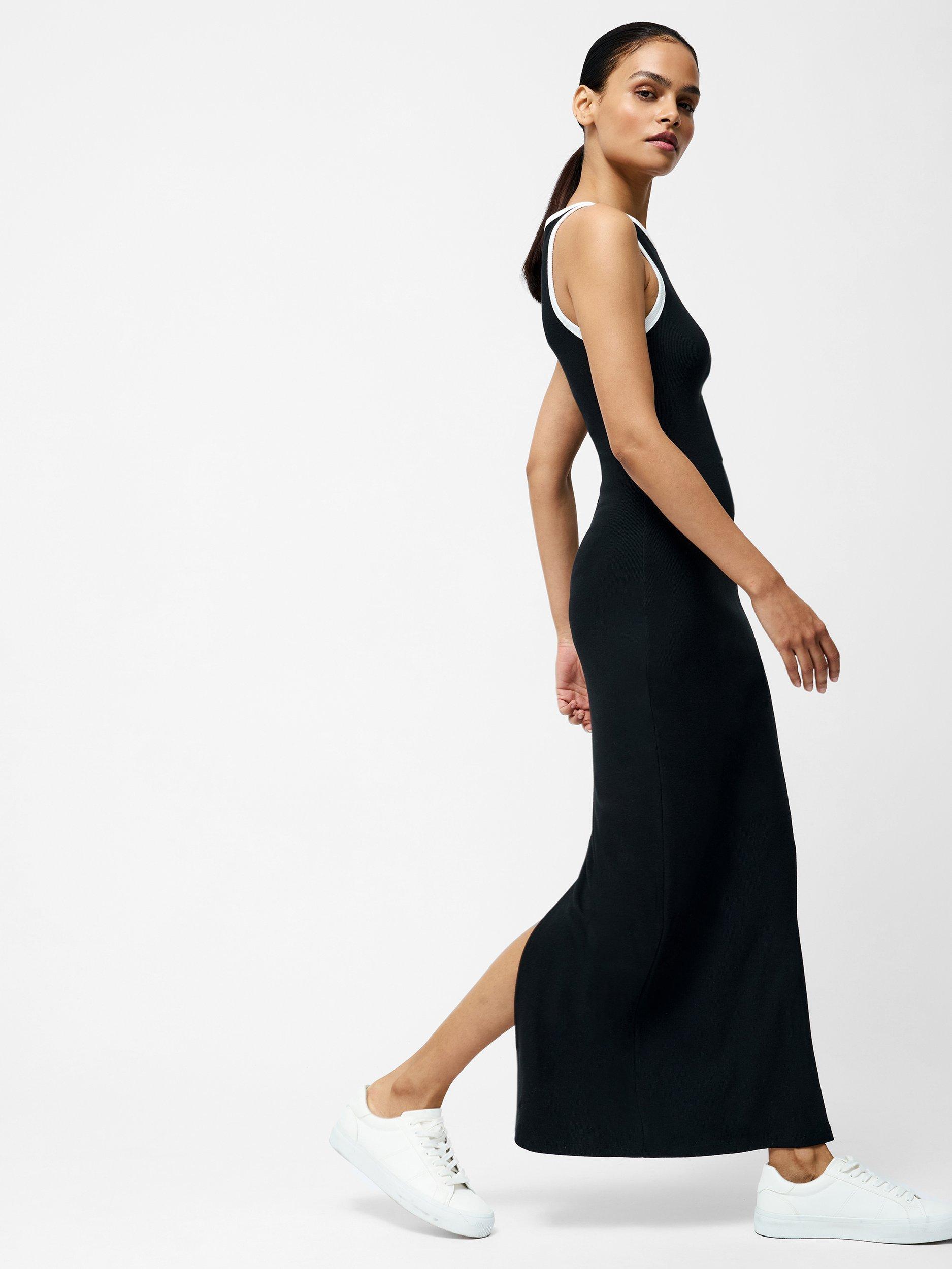 Product image 3 of 5, which shows French Connection Rasia Ribbed Binding Boat Neck Maxi Dress, Black/White, XS