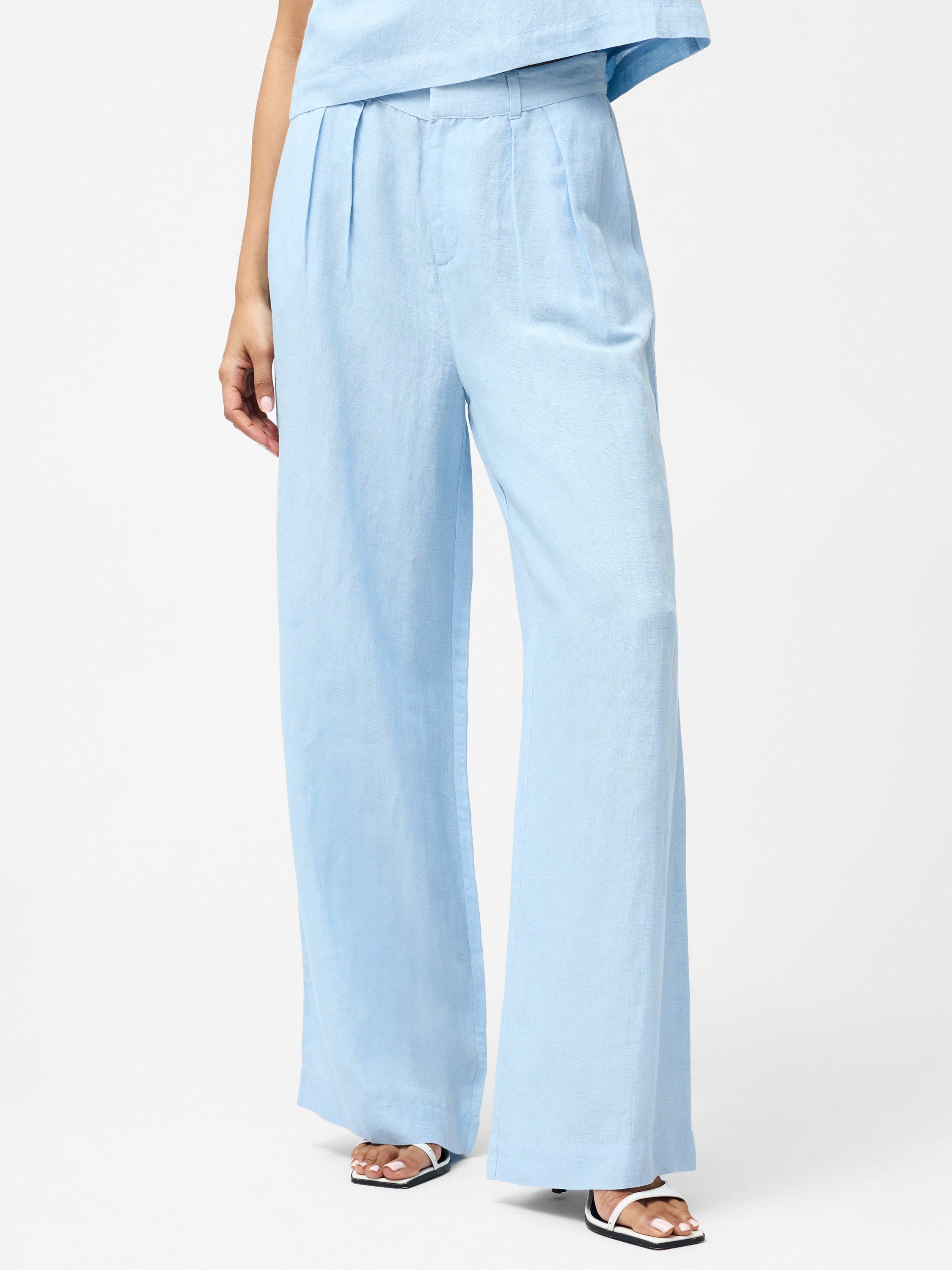 Product image 1 of 5, which shows French Connection Birdie Linen Blend Wide Leg Trousers, Cashmere Blue, 6