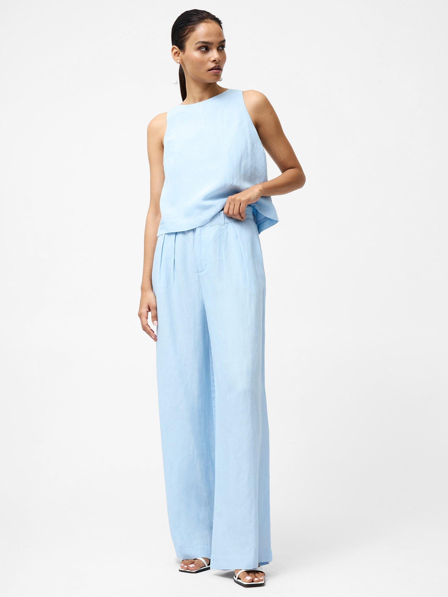 Product image 2 of 5, which shows French Connection Birdie Linen Blend Wide Leg Trousers, Cashmere Blue, 6