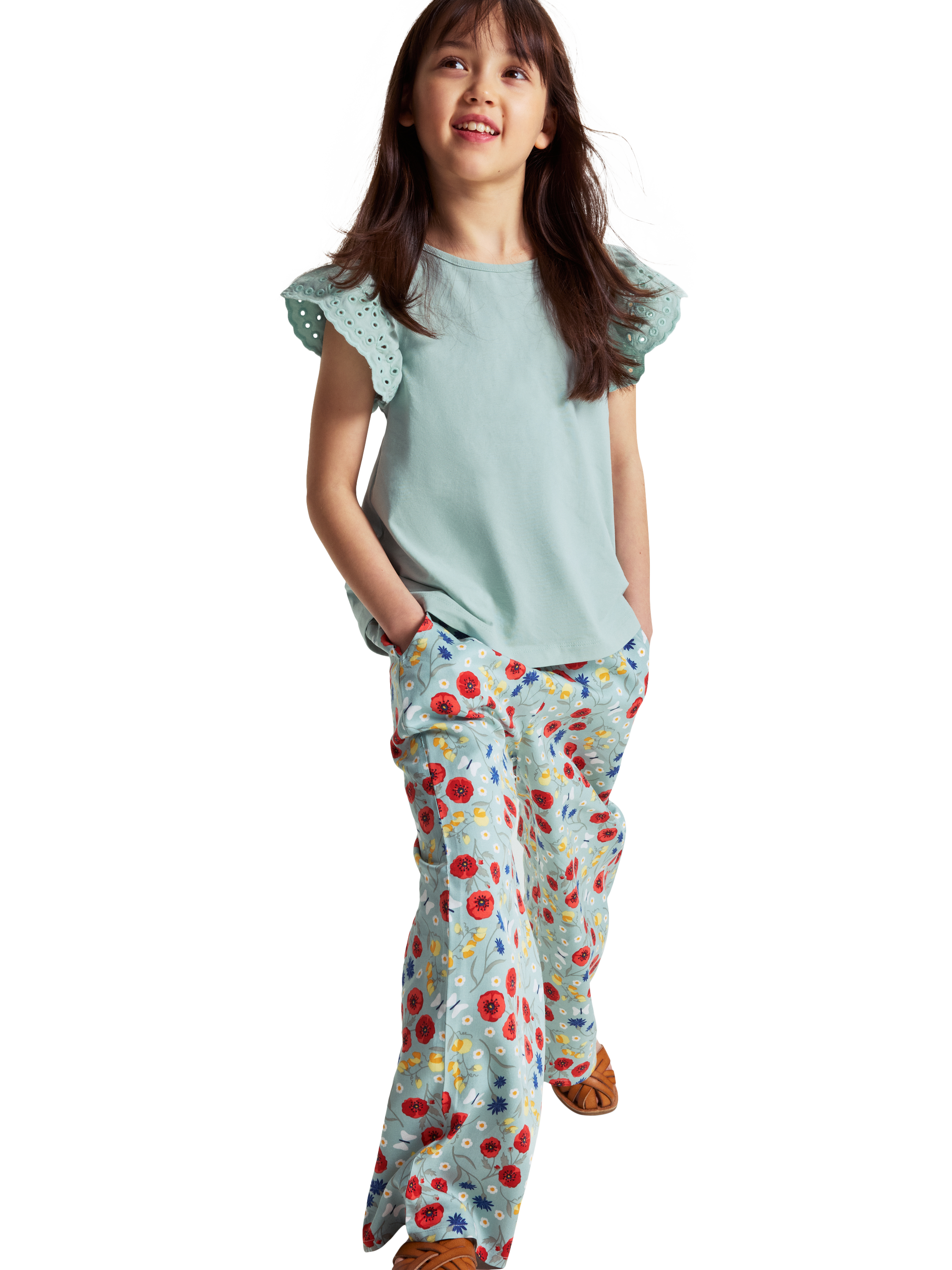 Product image 1 of 3, which shows Polarn O. Pyret Kids' Poppy Print Wide Leg Trousers, Blue, 12-18 months