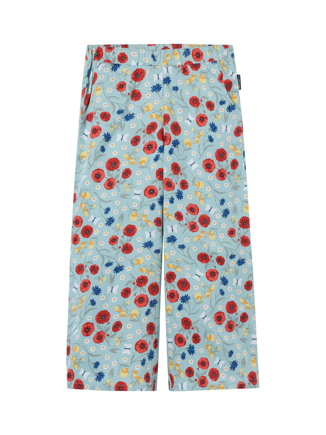 Product image 2 of 3, which shows Polarn O. Pyret Kids' Poppy Print Wide Leg Trousers, Blue, 12-18 months