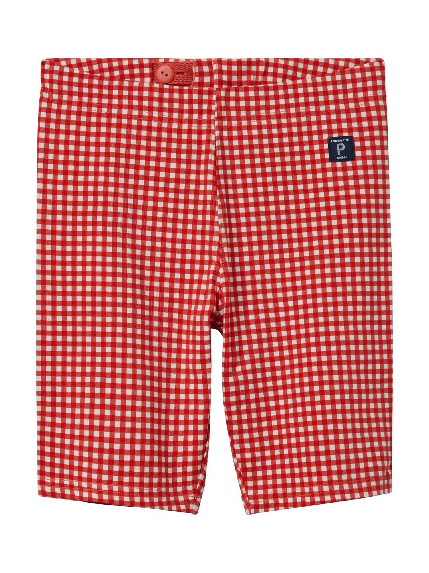Product image 2 of 3, which shows Polarn O. Pyret Kids' Gingham Cycle Shorts , Red, 12-18 months