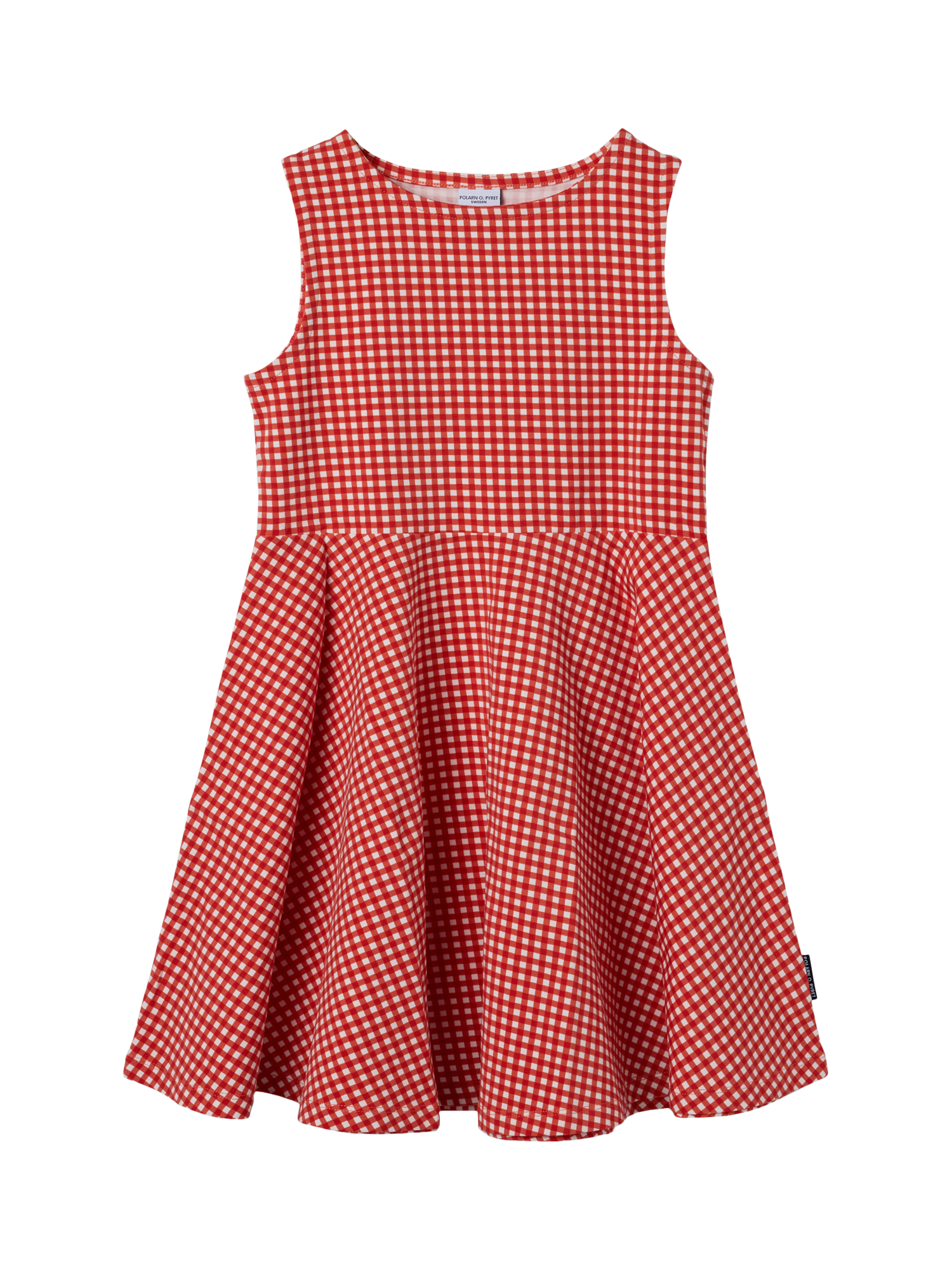 Product image 1 of 4, which shows Polarn O. Pyret Kids' Gingham Sleeveless Dress, Red, 18-24 months