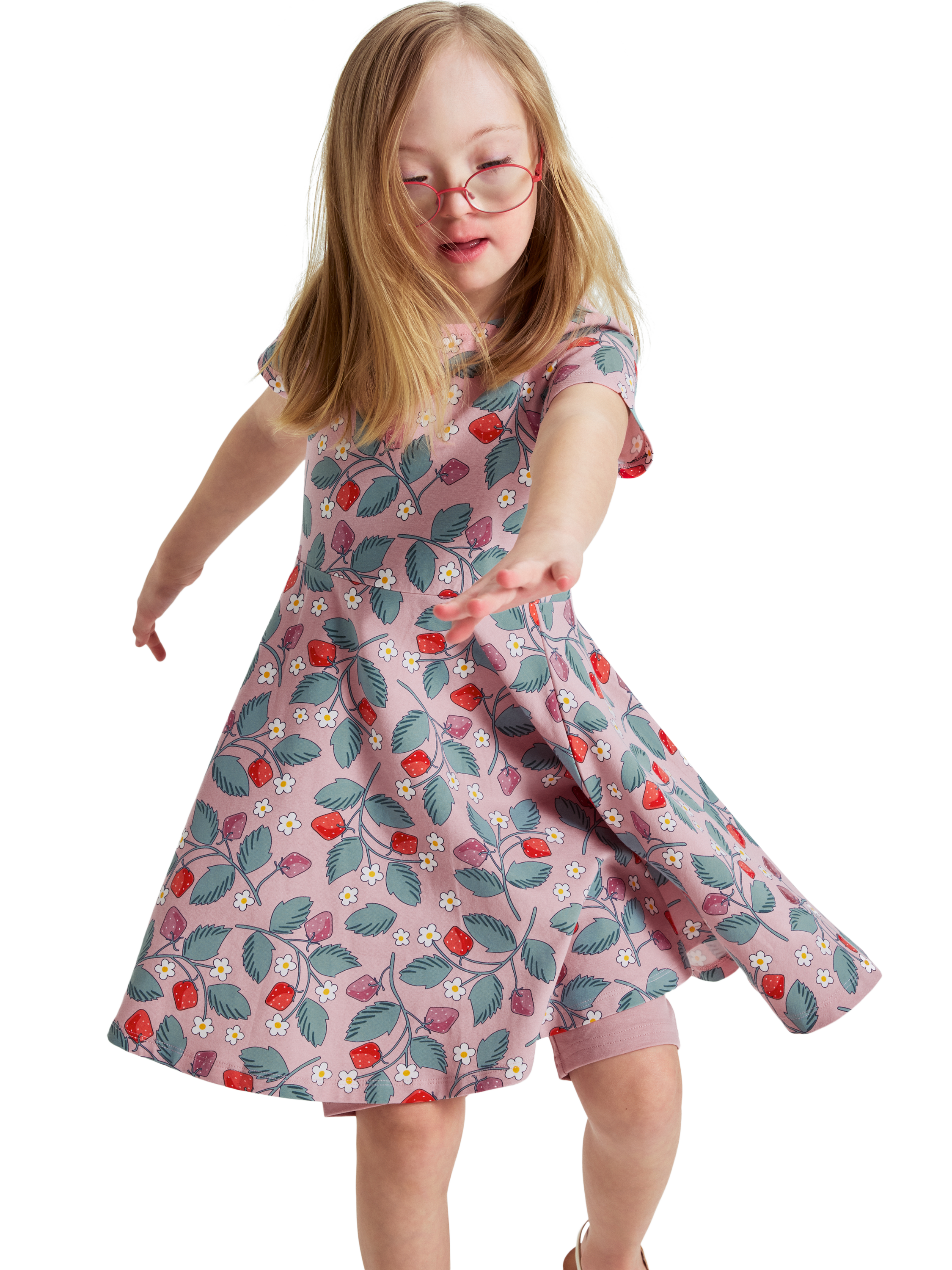 Product image 1 of 2, which shows Polarn O. Pyret Kids' Organic Cotton Strawberry Print Dress, Pink, 18-24 months