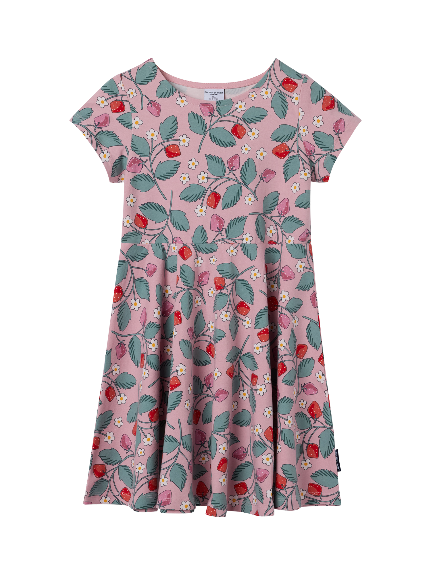 Product image 2 of 2, which shows Polarn O. Pyret Kids' Organic Cotton Strawberry Print Dress, Pink, 18-24 months