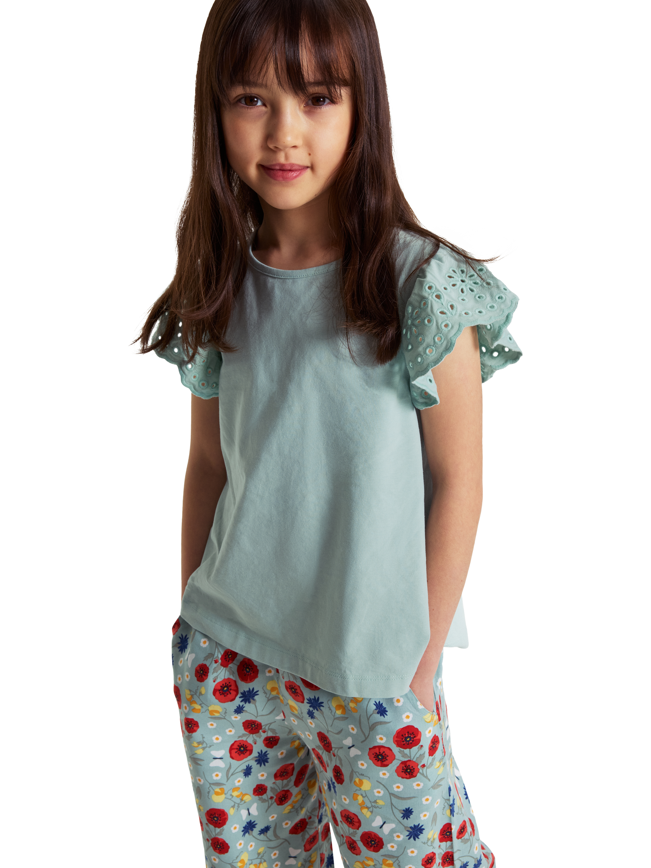 Product image 1 of 2, which shows Polarn O. Pyret Kids' Broderie Top, Blue, 18-24 months