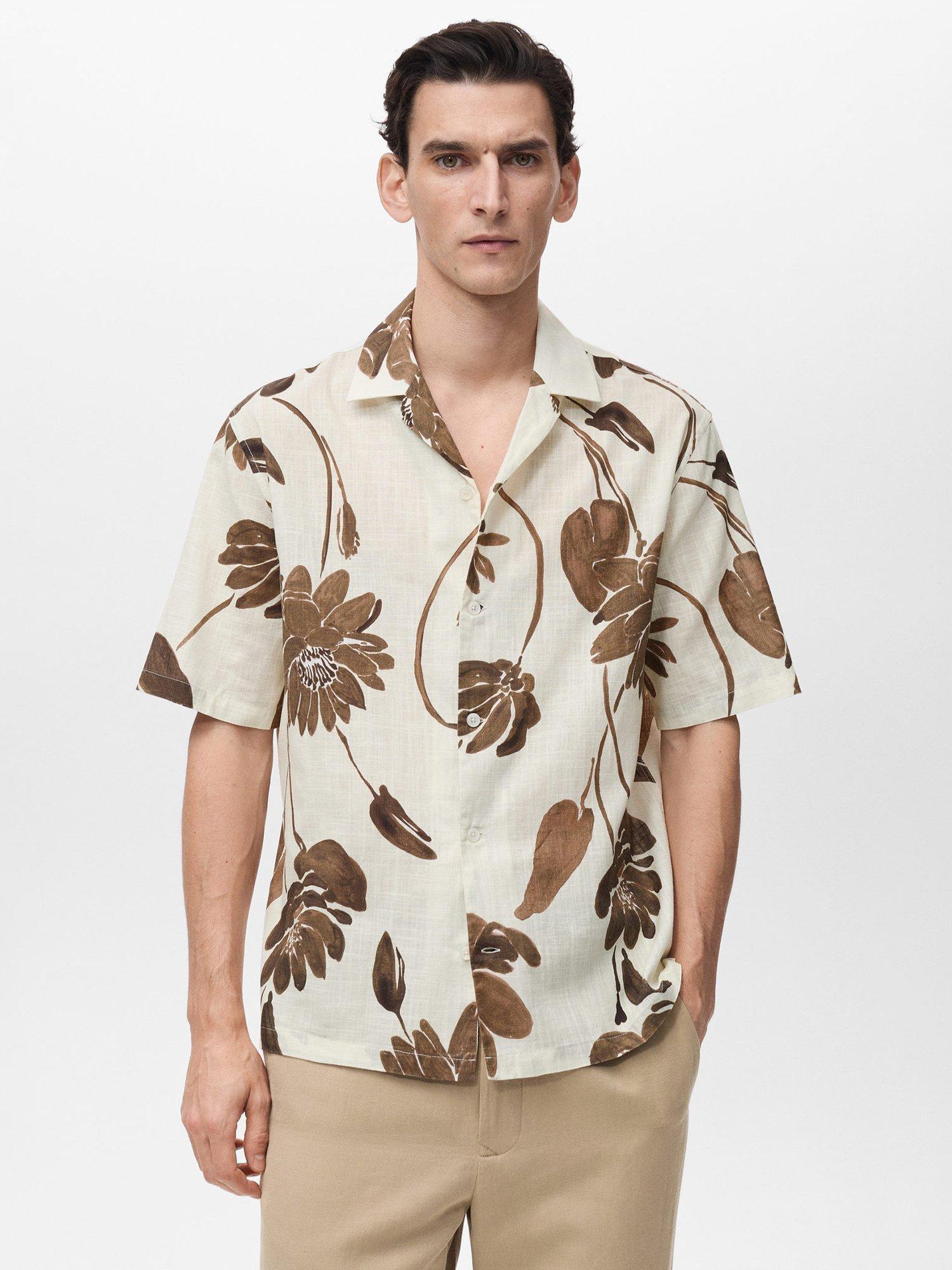 Product image 1 of 8, which shows Mango Sicilia Cotton Regular Fit Floral Bowling Shirt, Brown/Multi, M