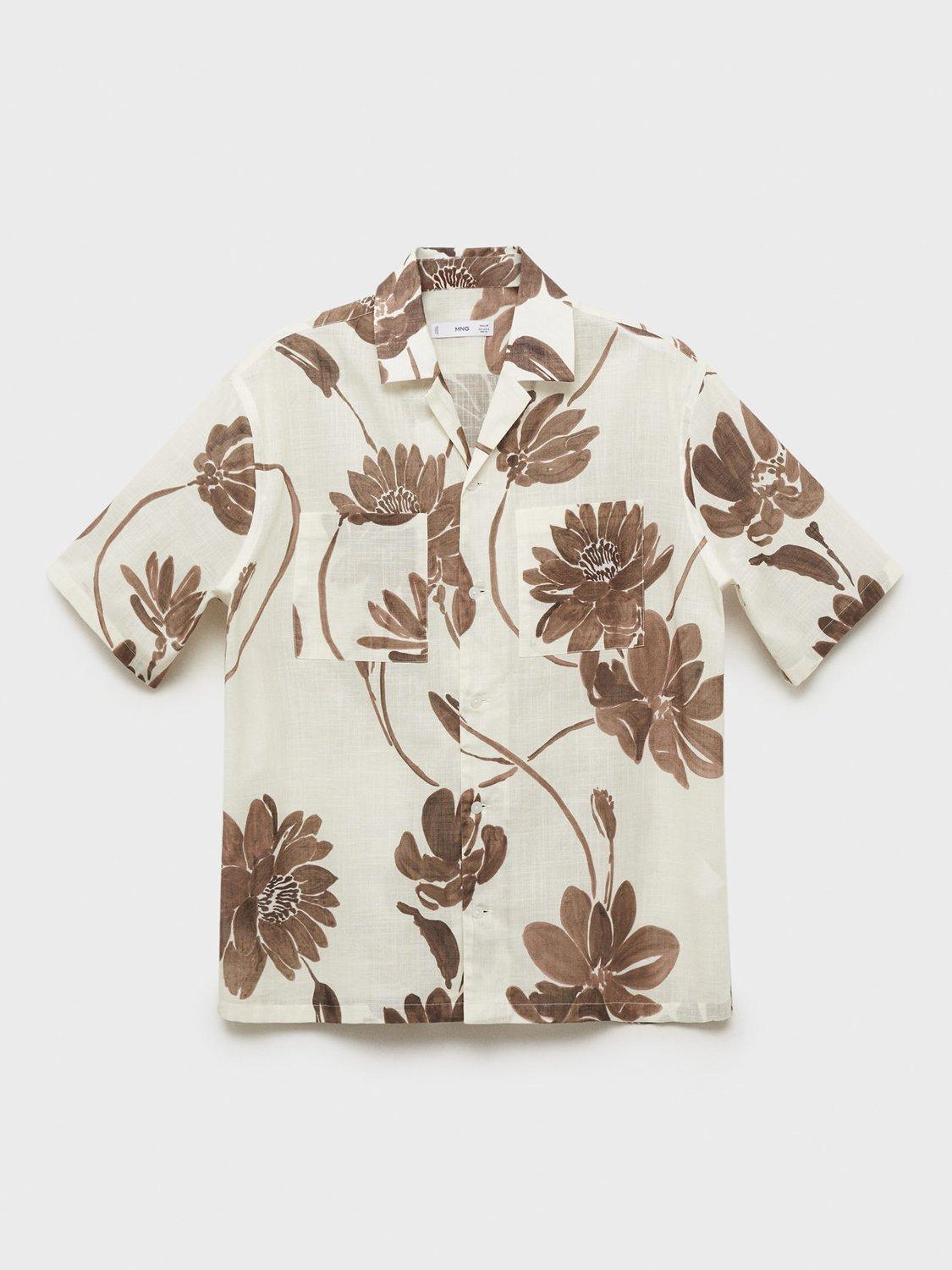 Product image 3 of 8, which shows Mango Sicilia Cotton Regular Fit Floral Bowling Shirt, Brown/Multi, M
