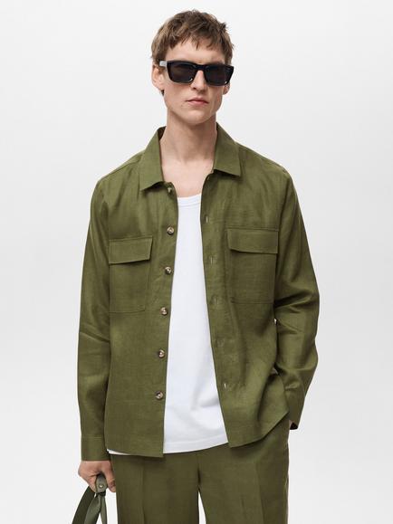 Mango Umbria Linen Regular Fit Shirt, Mid Green