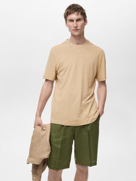 Mango Liman Linen Blend Regular Fit Short Sleeve T-Shirt, Light Beige