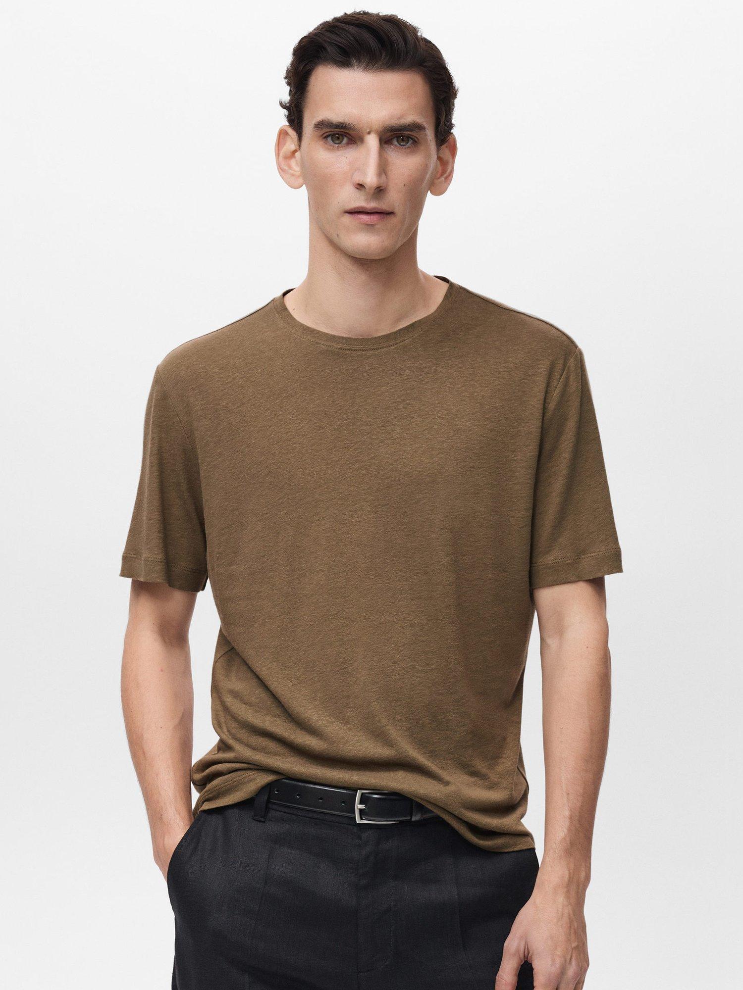 Product image 1 of 8, which shows Mango Liman Linen Blend Regular Fit Short Sleeve T-Shirt, Beige, XS
