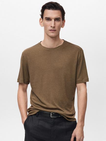 Mango Liman Linen Blend Regular Fit Short Sleeve T-Shirt, Beige