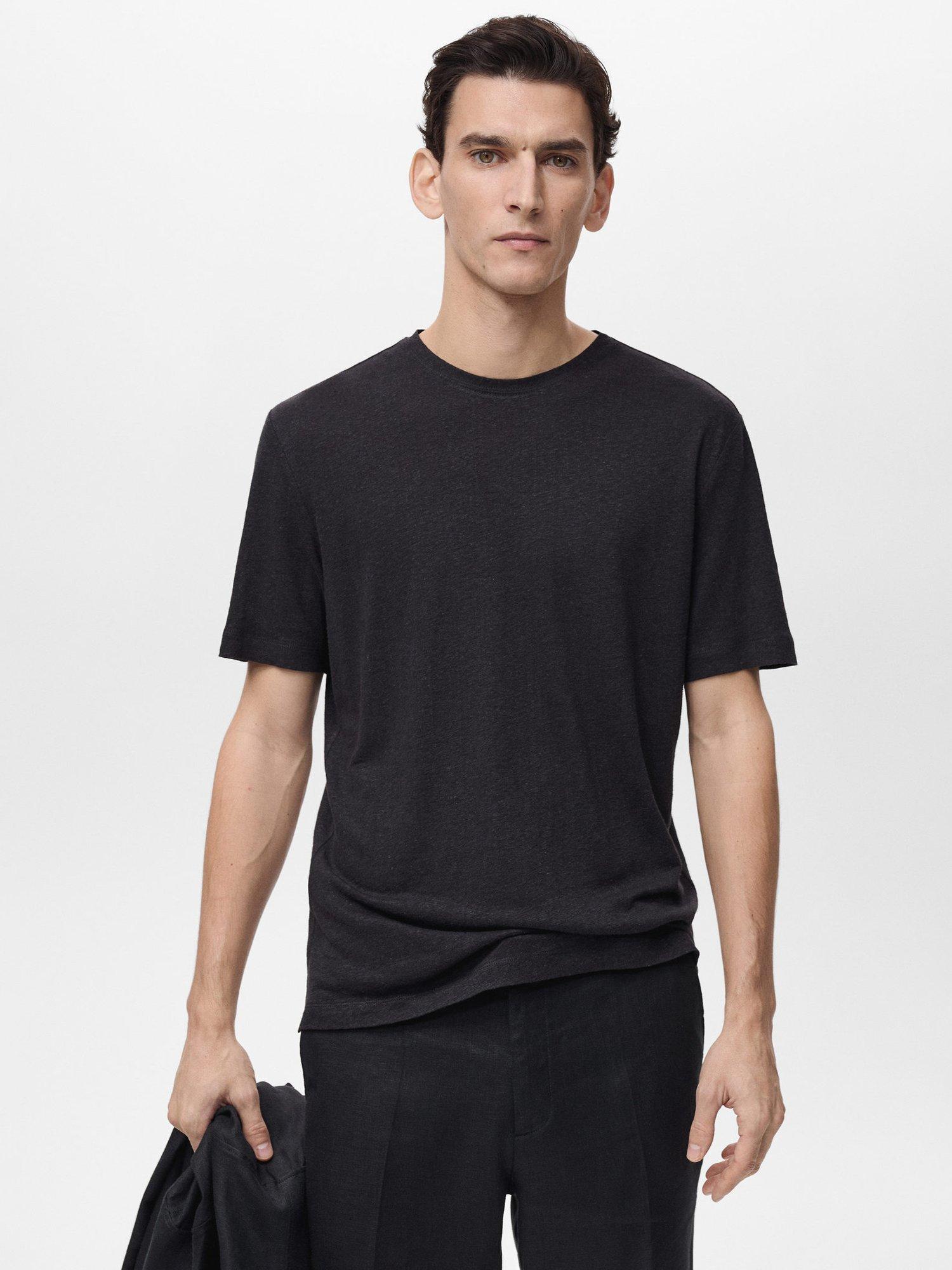 Product image 1 of 8, which shows Mango Liman Linen Blend Regular Fit Short Sleeve T-Shirt, Black, S