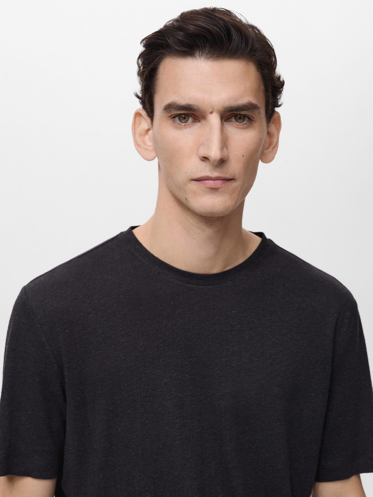 Product image 6 of 8, which shows Mango Liman Linen Blend Regular Fit Short Sleeve T-Shirt, Black, S