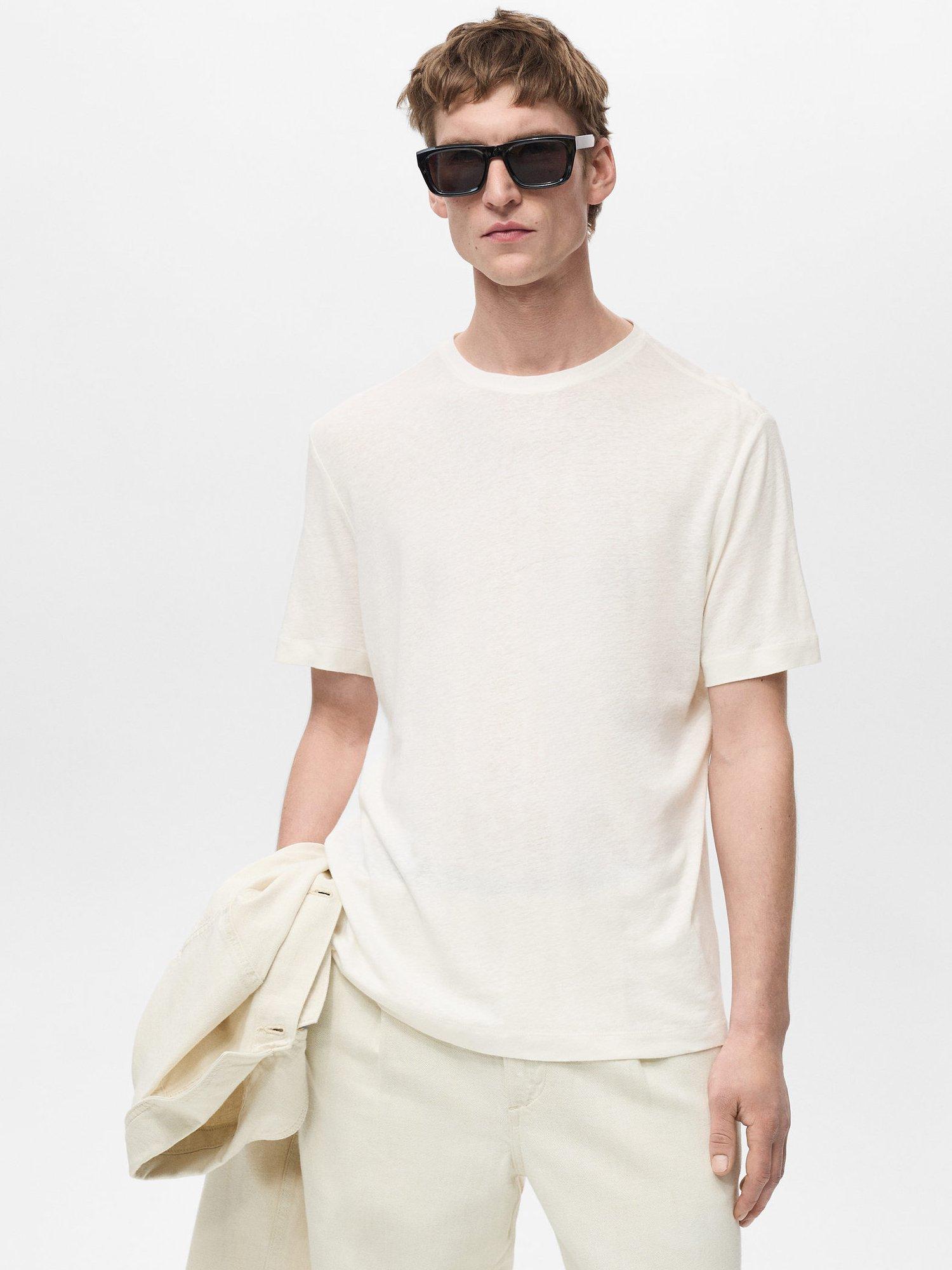 Product image 1 of 8, which shows Mango Liman Linen Blend Regular Fit Short Sleeve T-Shirt, White, XS