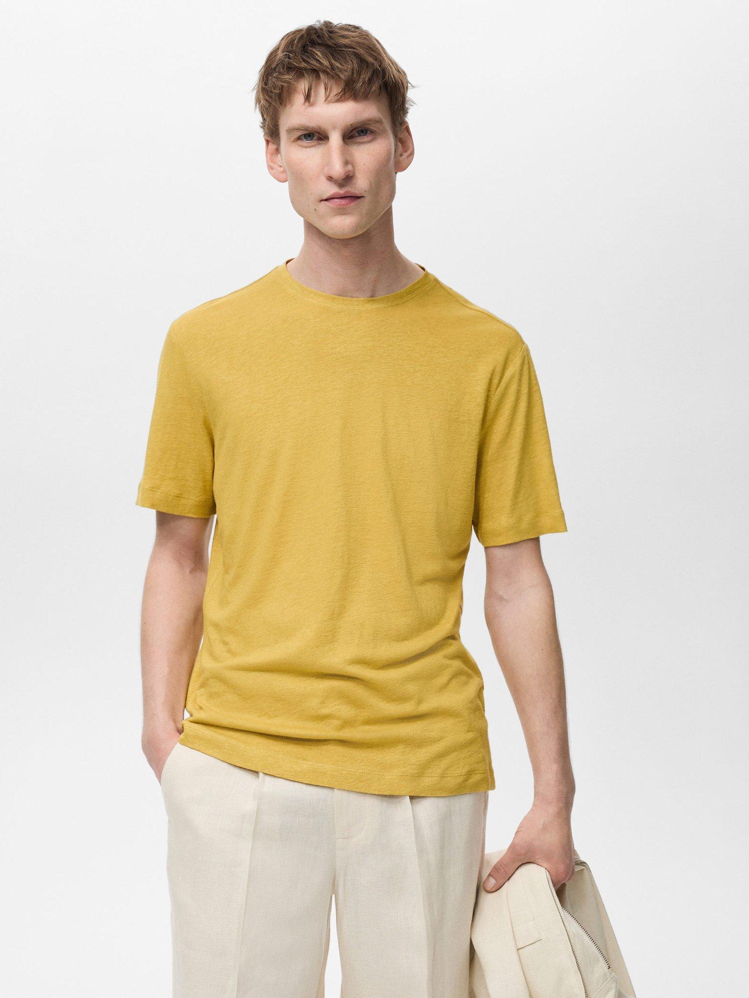 Product image 1 of 8, which shows Mango Liman Linen Blend Regular Fit Short Sleeve T-Shirt, Mid Yellow, XS