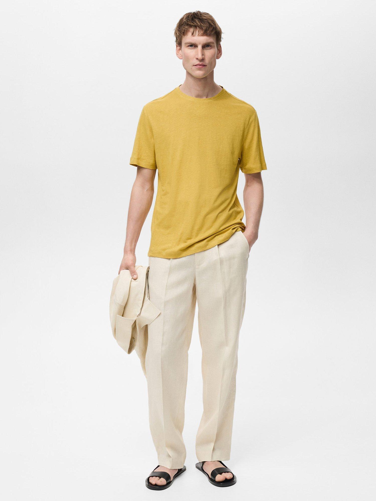 Product image 2 of 8, which shows Mango Liman Linen Blend Regular Fit Short Sleeve T-Shirt, Mid Yellow, XS