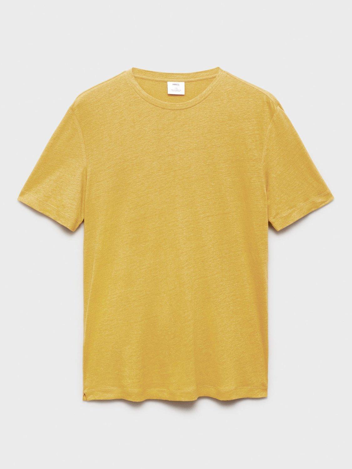 Product image 3 of 8, which shows Mango Liman Linen Blend Regular Fit Short Sleeve T-Shirt, Mid Yellow, XS