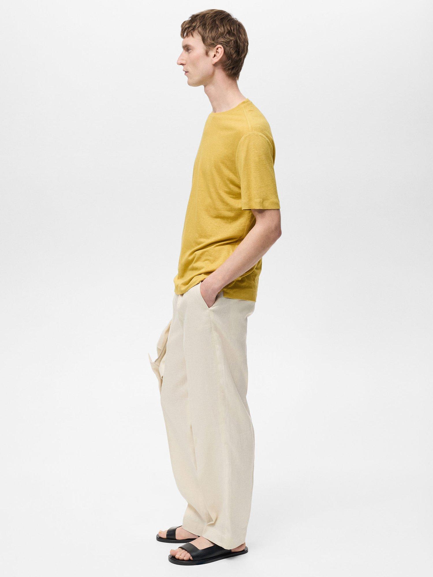Product image 6 of 8, which shows Mango Liman Linen Blend Regular Fit Short Sleeve T-Shirt, Mid Yellow, XS
