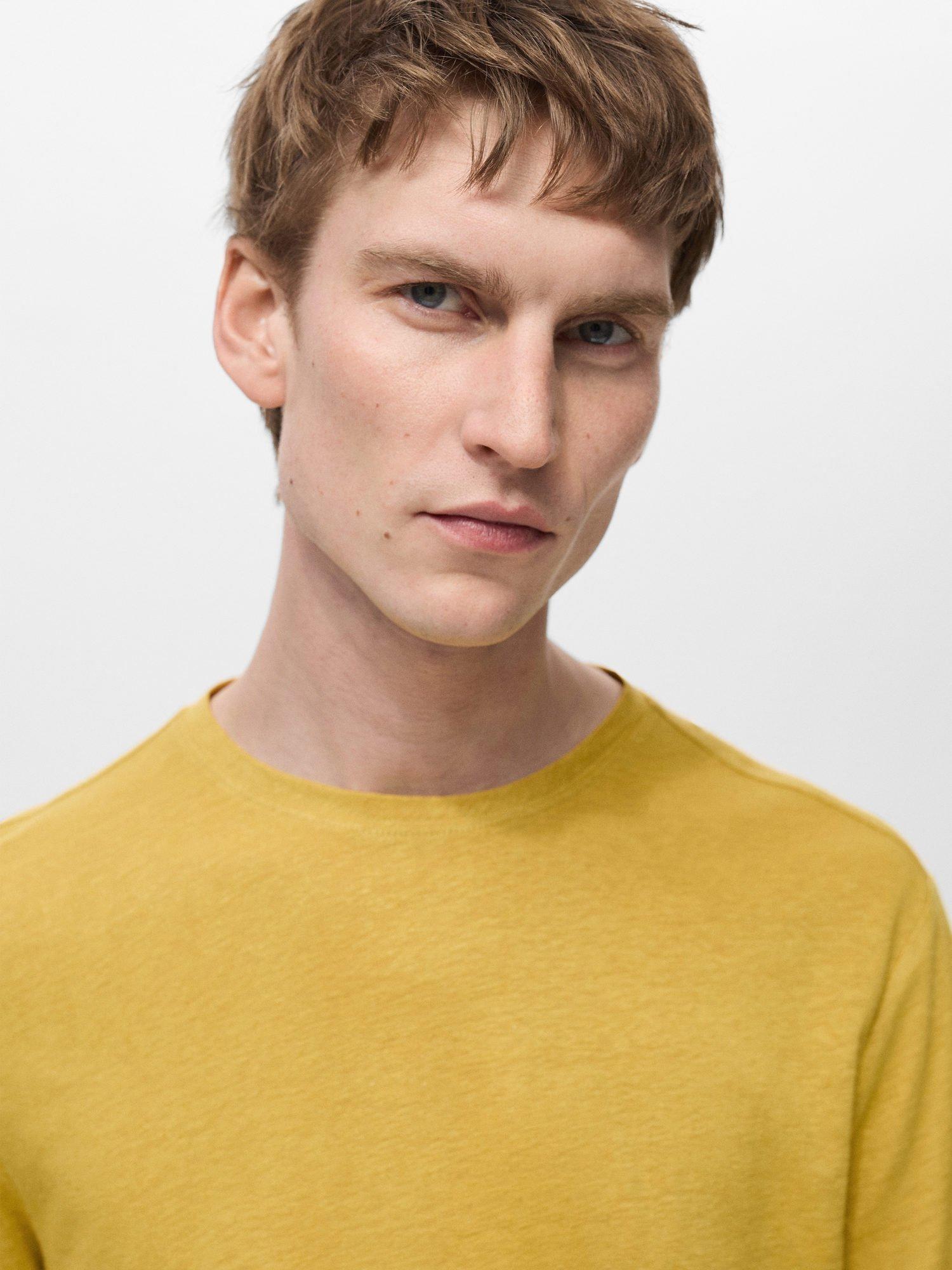 Product image 7 of 8, which shows Mango Liman Linen Blend Regular Fit Short Sleeve T-Shirt, Mid Yellow, XS
