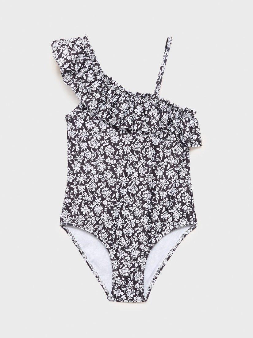 Product image 1 of 4, which shows Mango Kids' Negrokg One Shoulder Floral Swimsuit, Black, 11-12 years