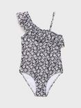Mango Kids' Negrokg One Shoulder Floral Swimsuit, Black