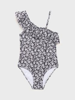 Mango Kids' Negrokg One Shoulder Floral Swimsuit, Black, Black