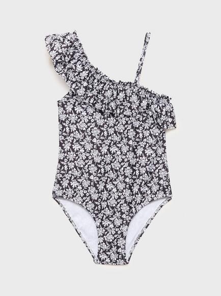 Mango Kids' Negrokg One Shoulder Floral Swimsuit, Black, Black