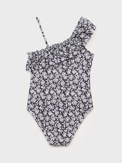 Mango Kids' Negrokg One Shoulder Floral Swimsuit, Black - view 2, Black