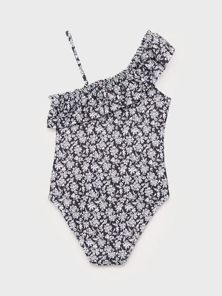 Mango Kids' Negrokg One Shoulder Floral Swimsuit, Black - view 2, Black