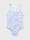 Mango Kids' Floral Crossover Back Swimsuit, Pastel Blue