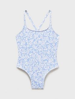 Mango Kids' Floral Crossover Back Swimsuit, Pastel Blue, Pastel Blue