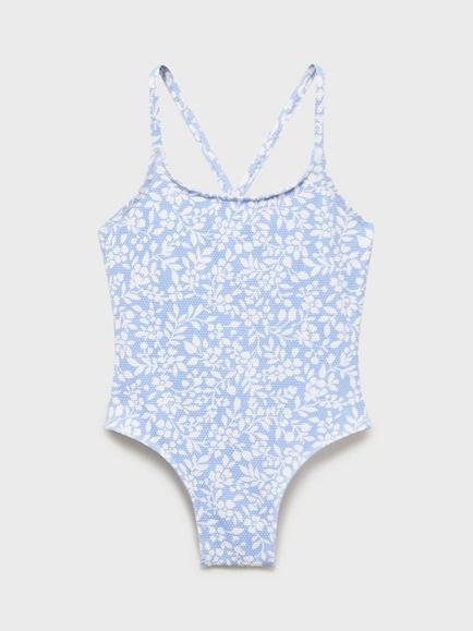Mango Kids' Floral Crossover Back Swimsuit, Pastel Blue, Pastel Blue