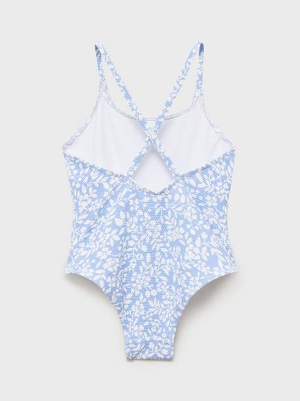 Mango Kids' Floral Crossover Back Swimsuit, Pastel Blue - view 2, Pastel Blue