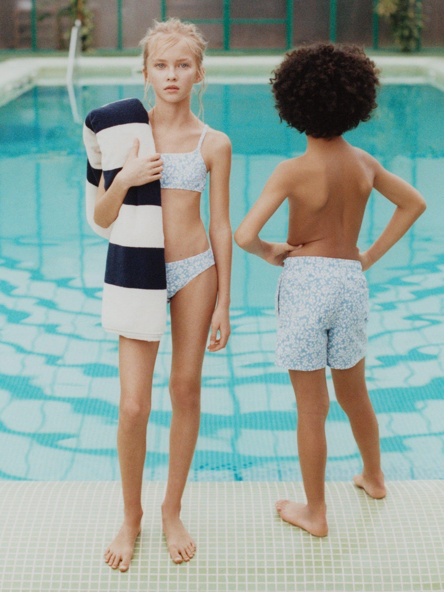 Product image 1 of 5, which shows Mango Kids' Textured Floral Print Bikini, Pastel Blue, 11-12 years