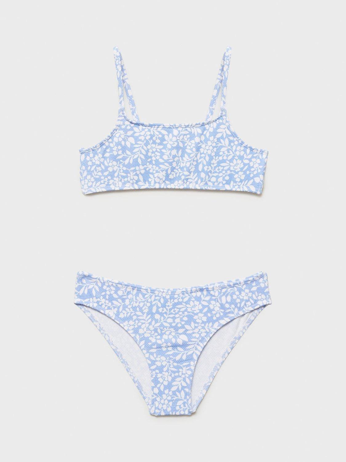 Product image 2 of 5, which shows Mango Kids' Textured Floral Print Bikini, Pastel Blue, 11-12 years