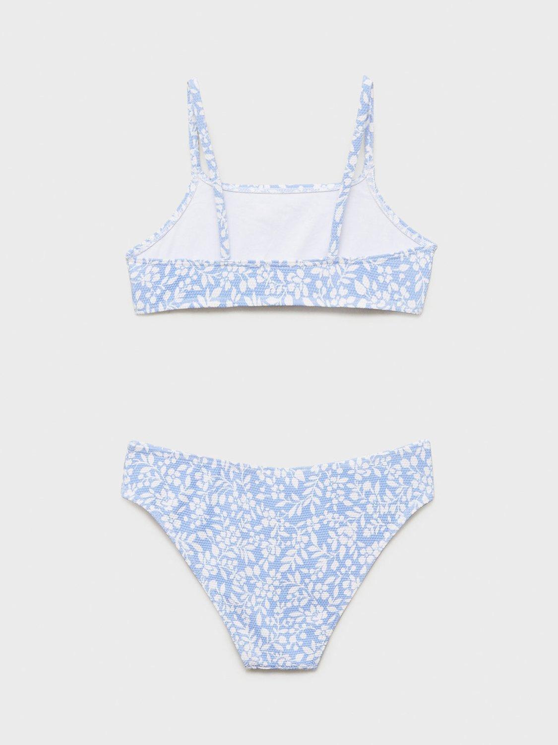 Product image 3 of 5, which shows Mango Kids' Textured Floral Print Bikini, Pastel Blue, 11-12 years