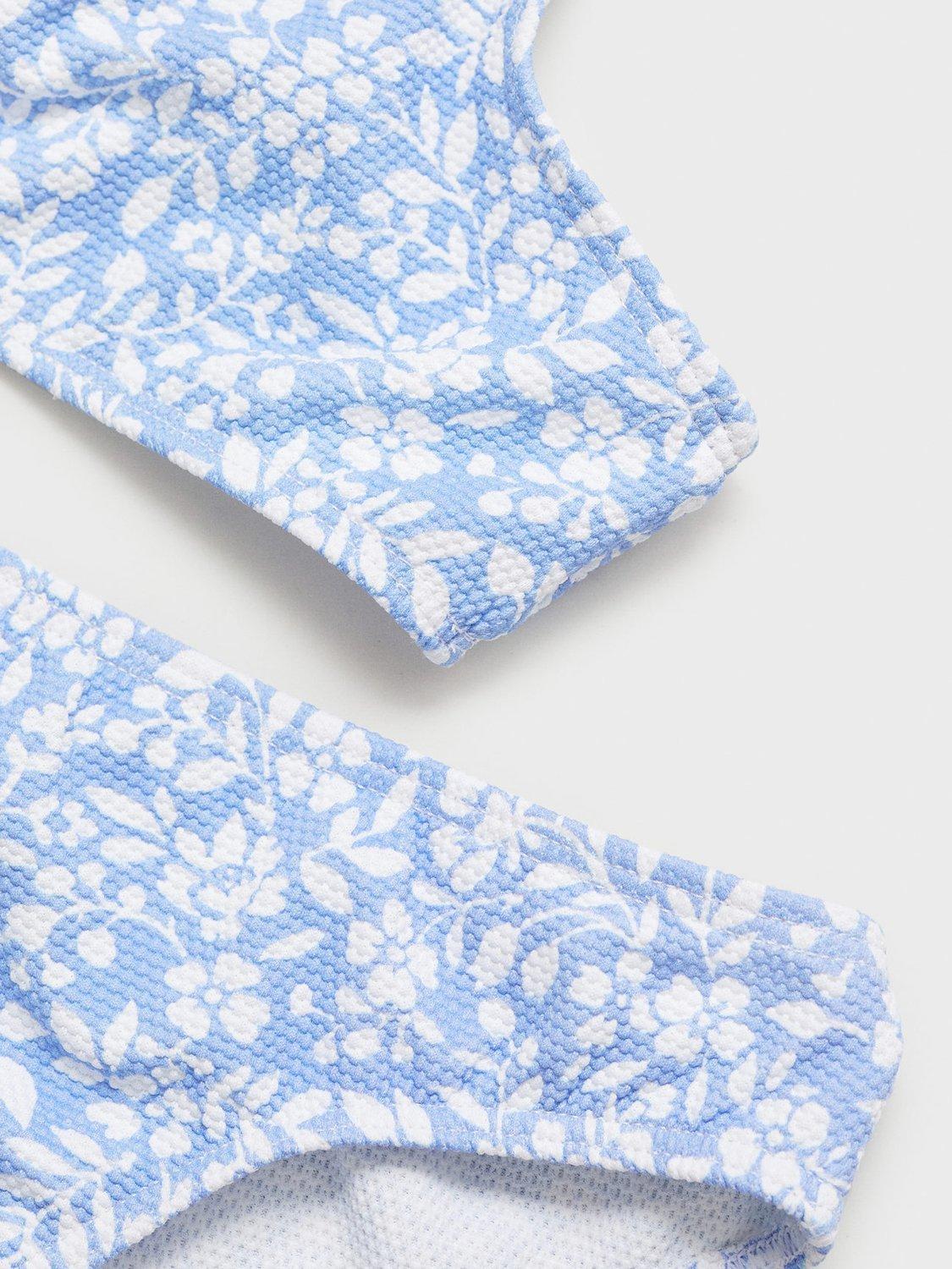 Product image 4 of 5, which shows Mango Kids' Textured Floral Print Bikini, Pastel Blue, 11-12 years