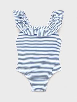Mango Kids' Ruffle Striped Swimsuit, Medium Blue, Medium Blue