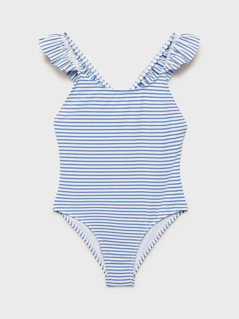 Product image 2 of 5, which shows Mango Kids' Frill Stripe Swimsuit, Medium Blue, 11-12 years