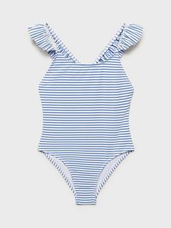 Mango Kids' Frill Stripe Swimsuit, Medium Blue - view 2, Medium Blue