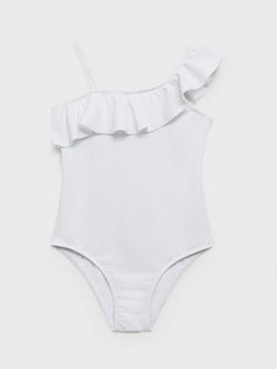 Mango Kids' Asymmetric Frill Trim Swimsuit, White - view 2, White