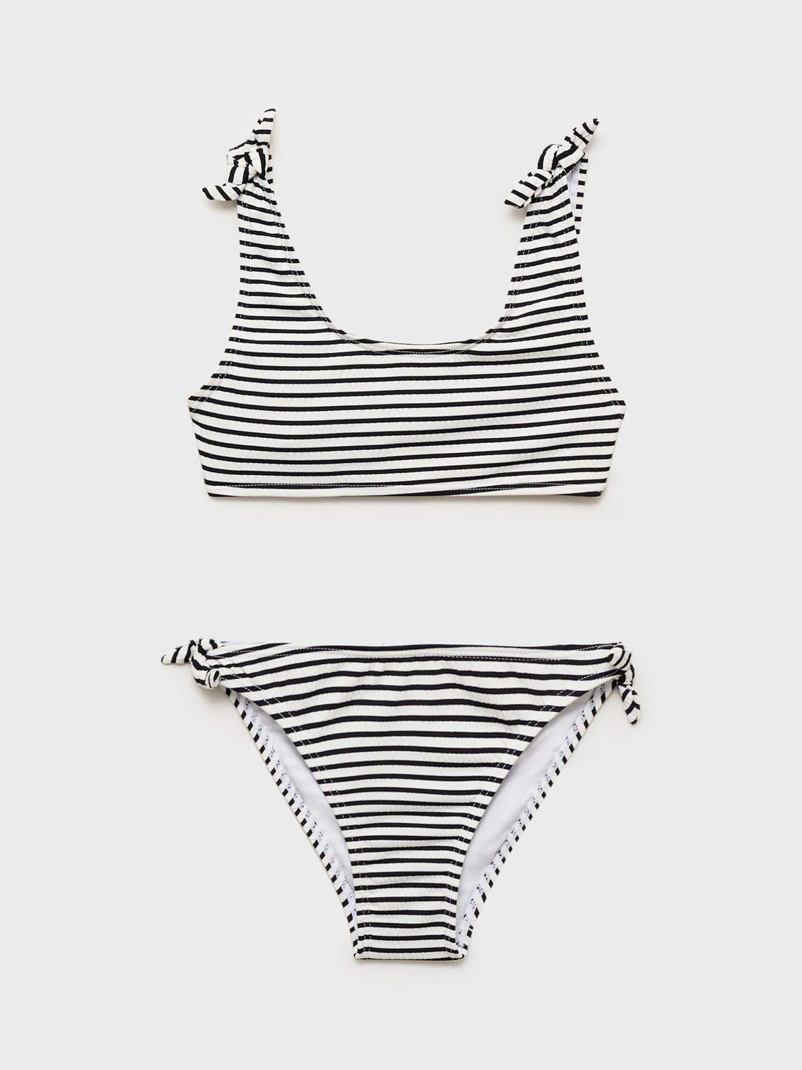 Product image 1 of 4, which shows Mango Kids' Lazokg Knotted Striped Bikini, Black/White, 11-12 years
